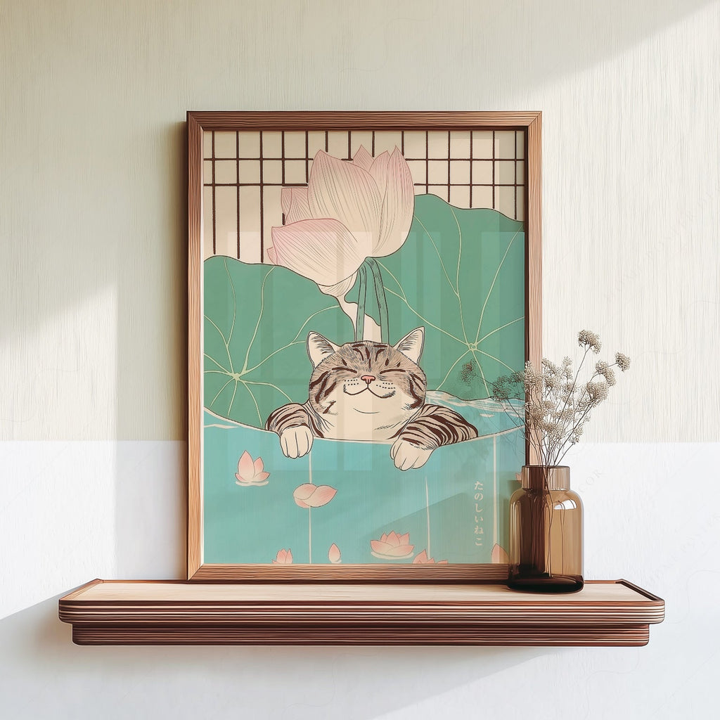 Impression Chat japonais dans un étang de lotus – Affiche murale zen japandi
