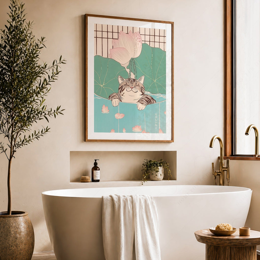 Impression Chat japonais dans un étang de lotus – Affiche murale zen japandi