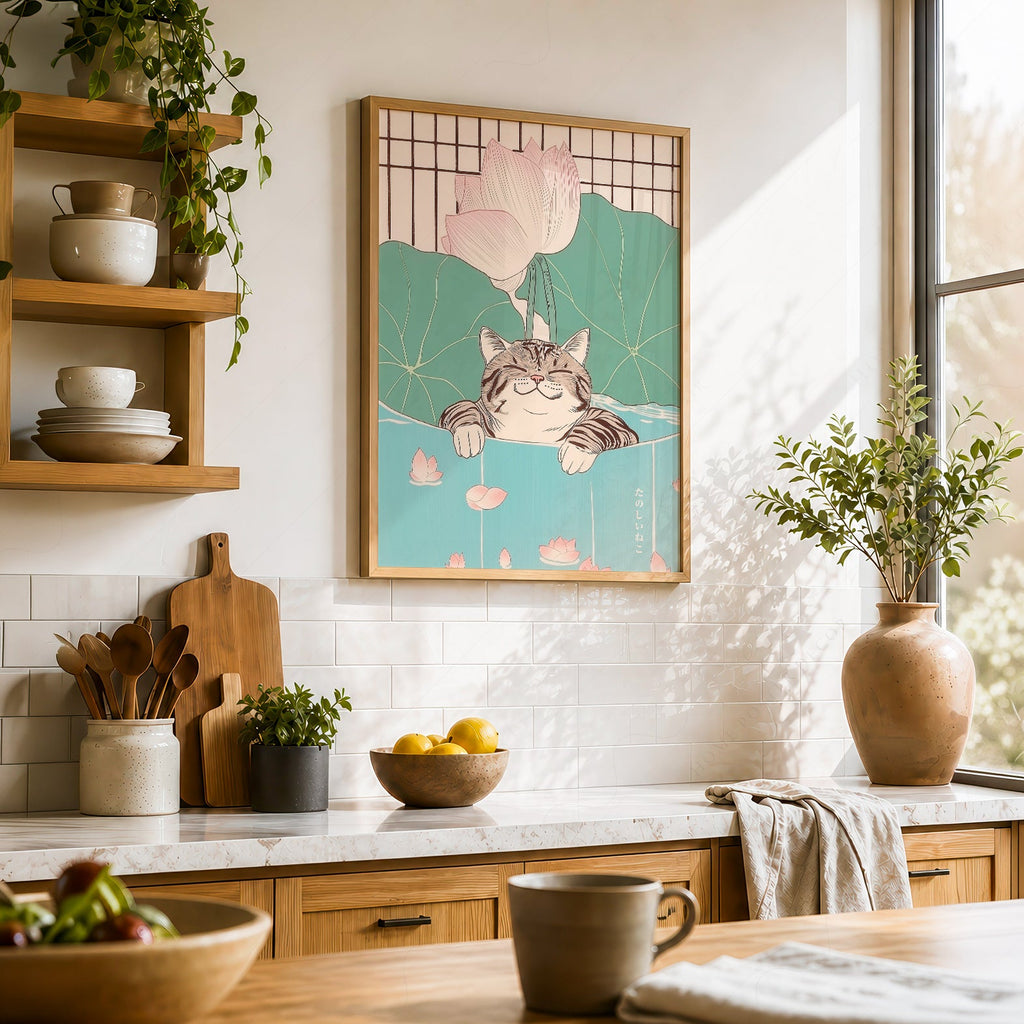 Impression Chat japonais dans un étang de lotus – Affiche murale zen japandi