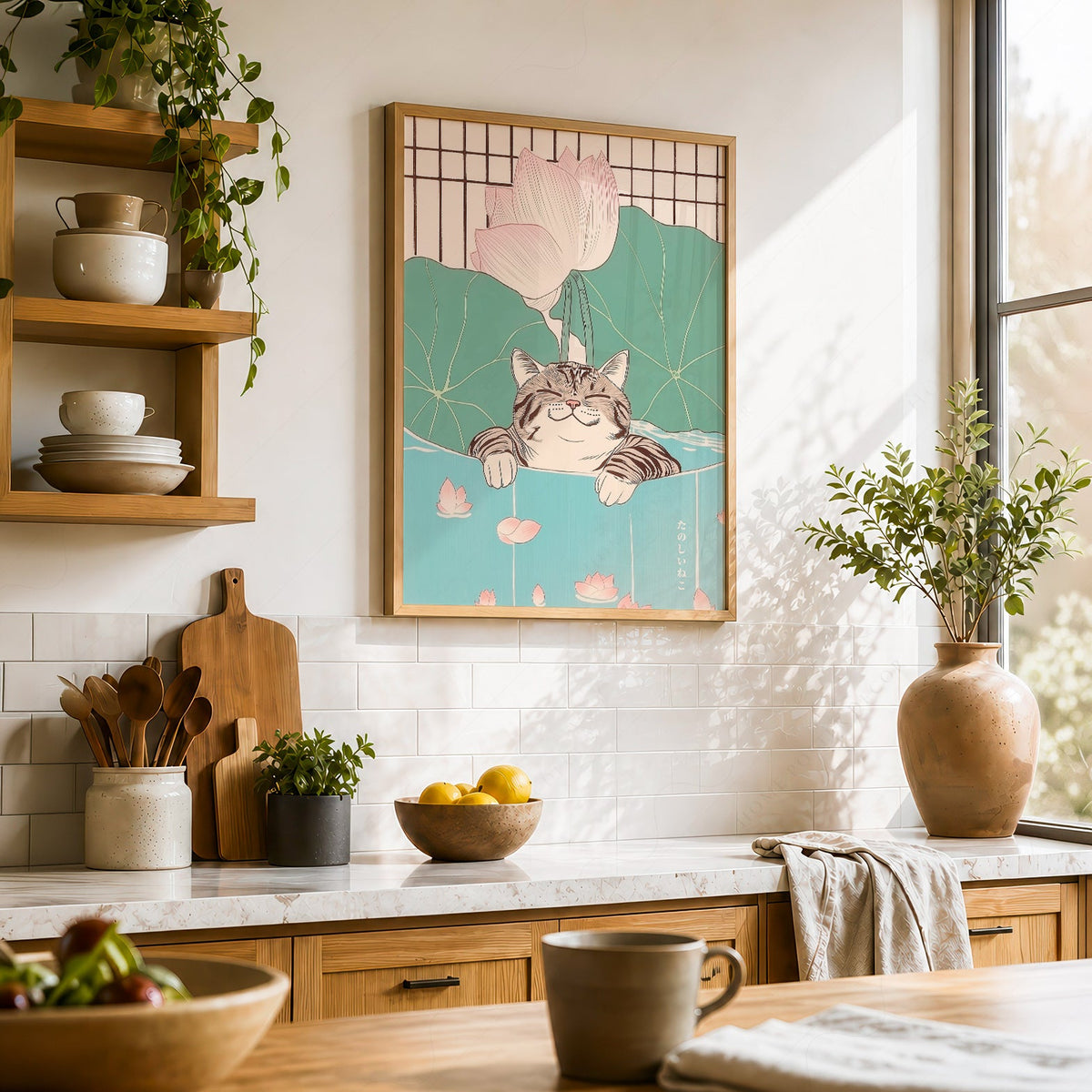 Impression Chat japonais dans un étang de lotus – Affiche murale zen japandi