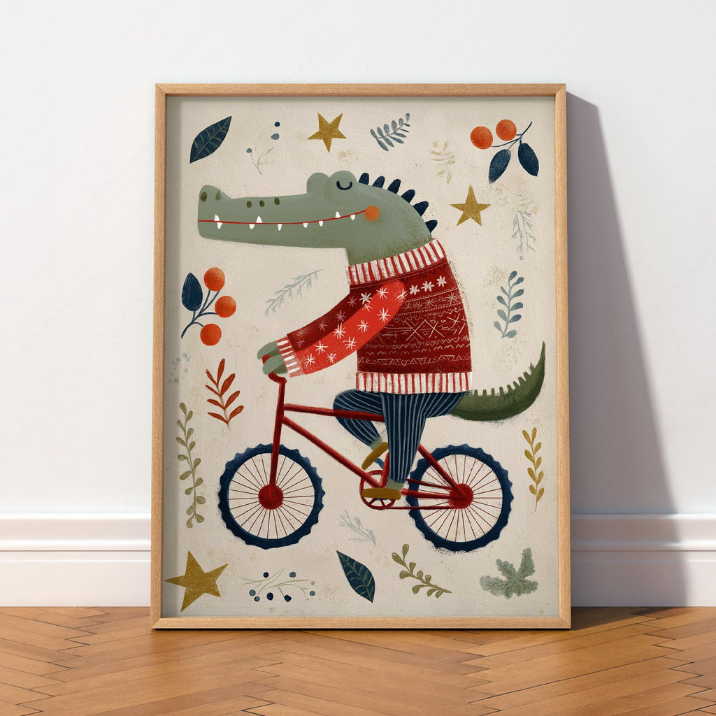 Crocodile on Bicycle Art Print – Whimsical Nursery Wall Decor Poster