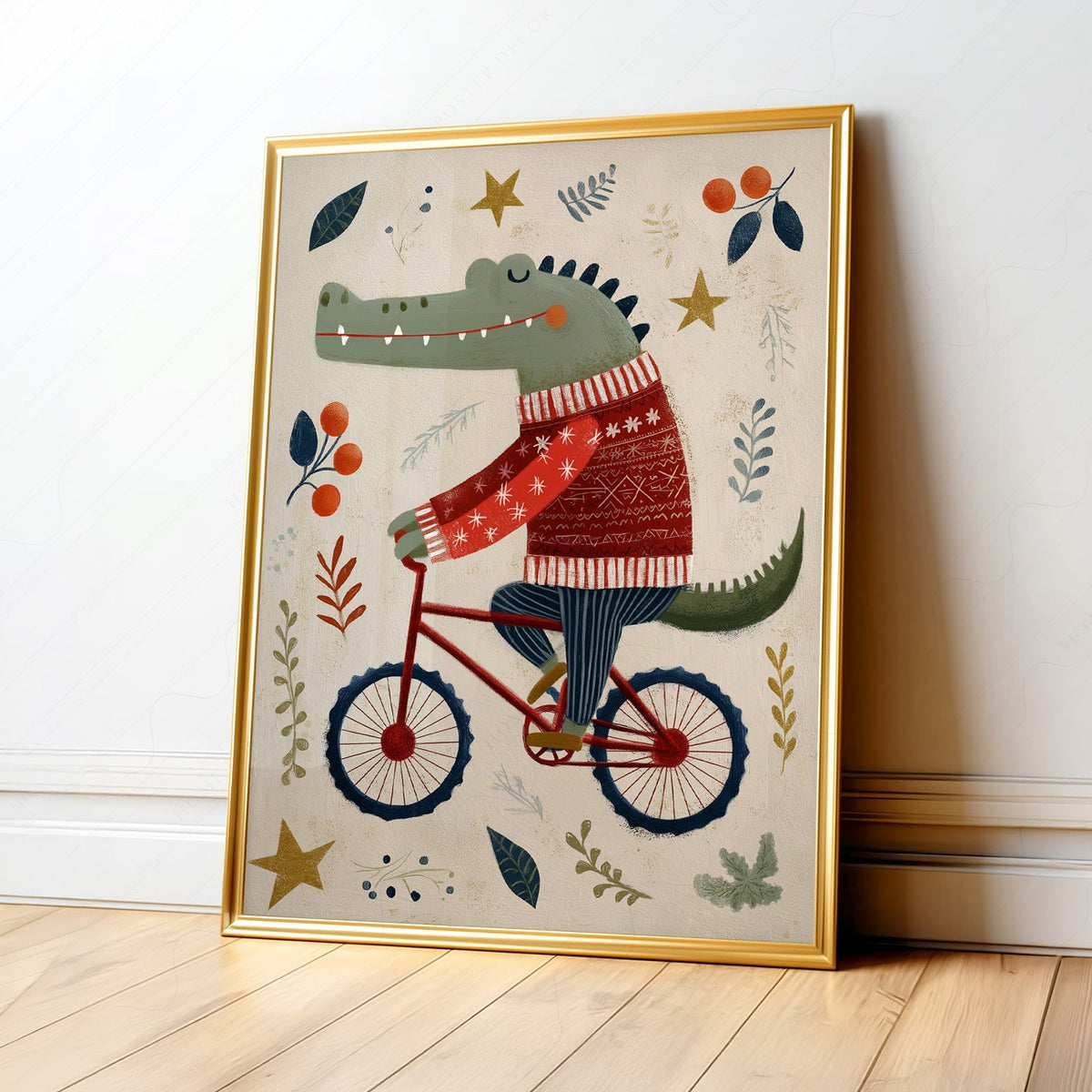 Crocodile on Bicycle Art Print – Whimsical Nursery Wall Decor Poster
