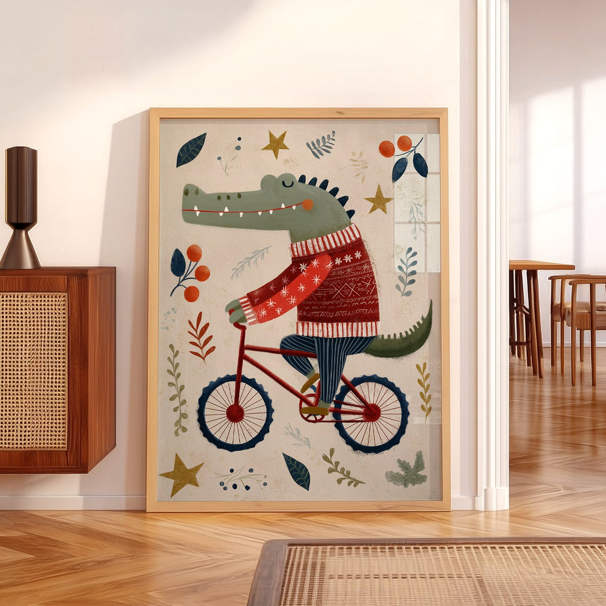 Crocodile on Bicycle Art Print – Whimsical Nursery Wall Decor Poster