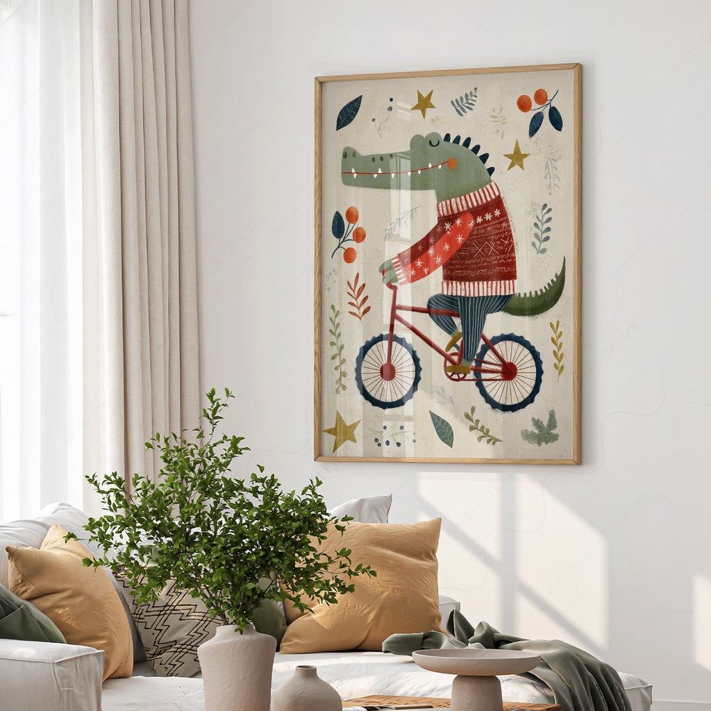 Crocodile on Bicycle Art Print – Whimsical Nursery Wall Decor Poster
