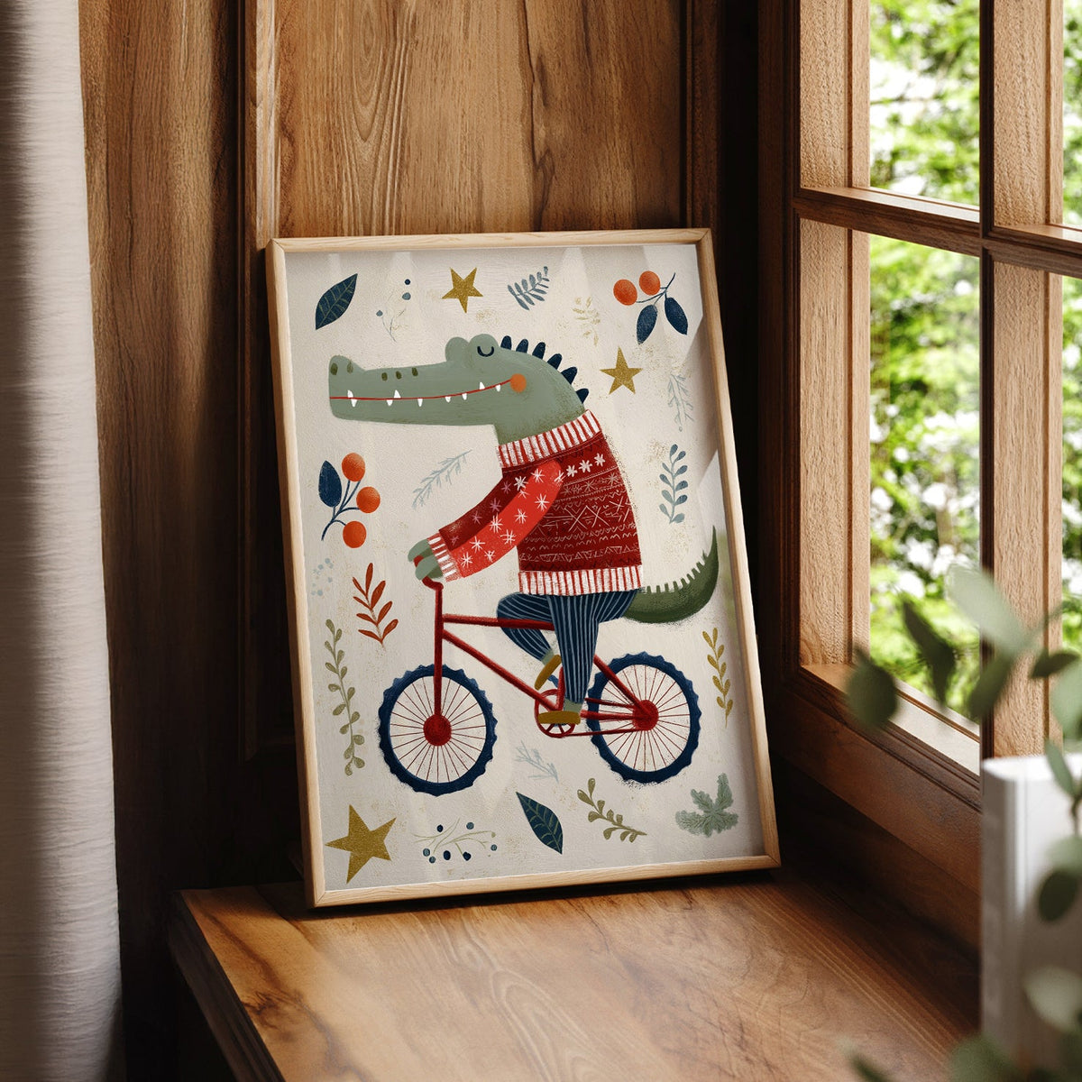 Crocodile on Bicycle Art Print – Whimsical Nursery Wall Decor Poster