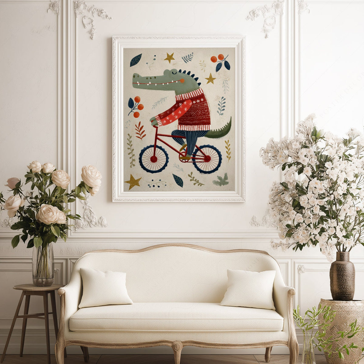 Crocodile on Bicycle Art Print – Whimsical Nursery Wall Decor Poster