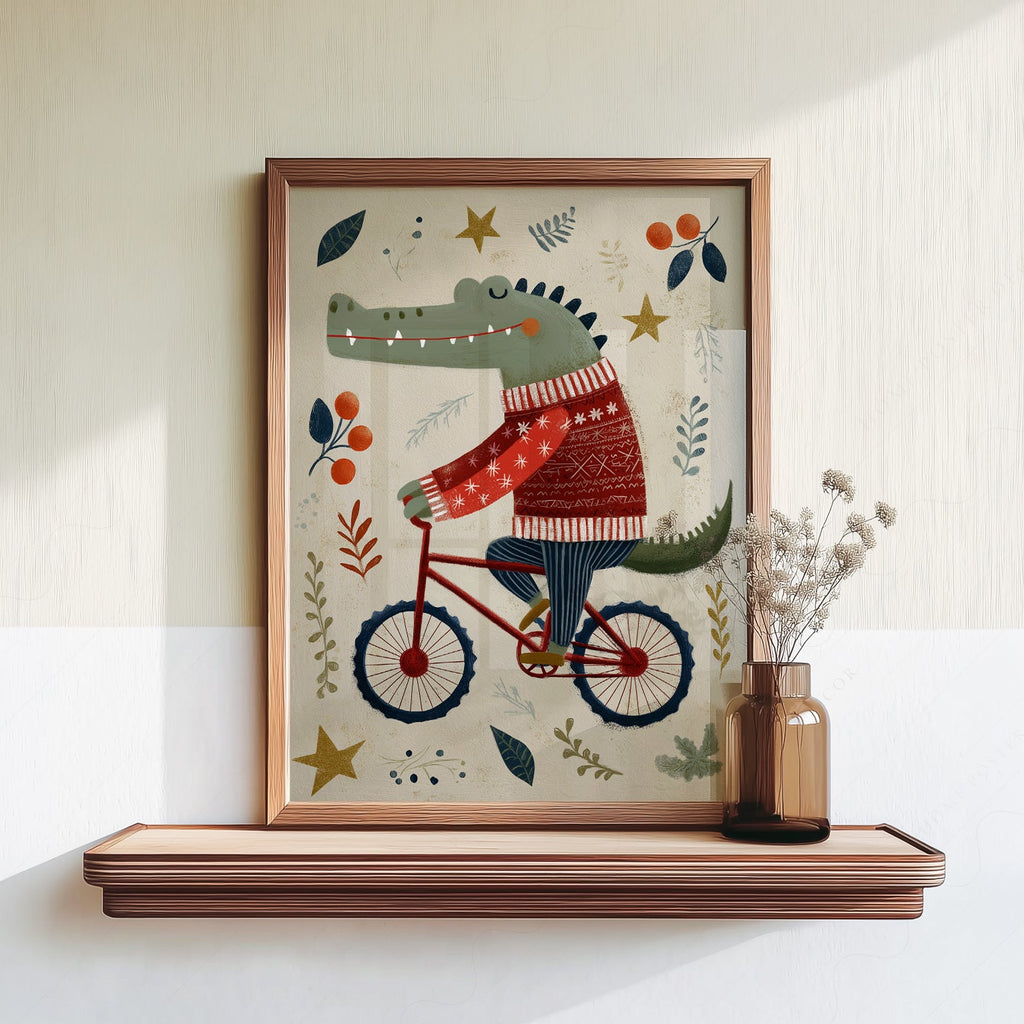 Crocodile on Bicycle Art Print – Whimsical Nursery Wall Decor Poster