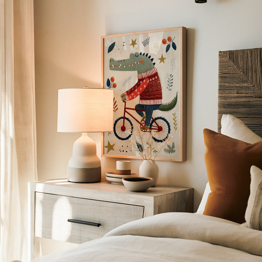 Crocodile on Bicycle Art Print – Whimsical Nursery Wall Decor Poster