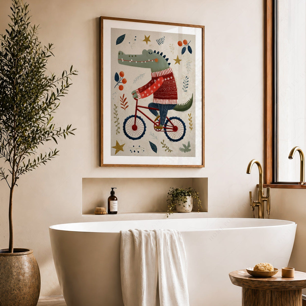 Crocodile on Bicycle Art Print – Whimsical Nursery Wall Decor Poster