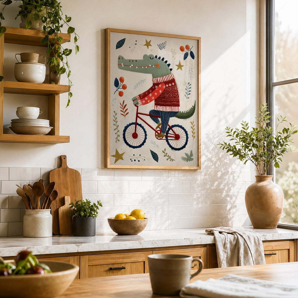 Crocodile on Bicycle Art Print – Whimsical Nursery Wall Decor Poster