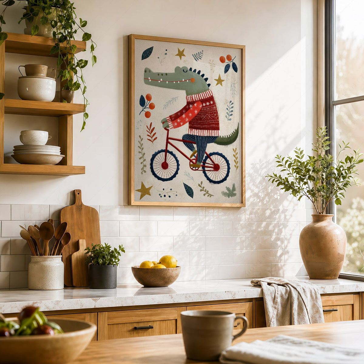 Crocodile on Bicycle Art Print – Whimsical Nursery Wall Decor Poster