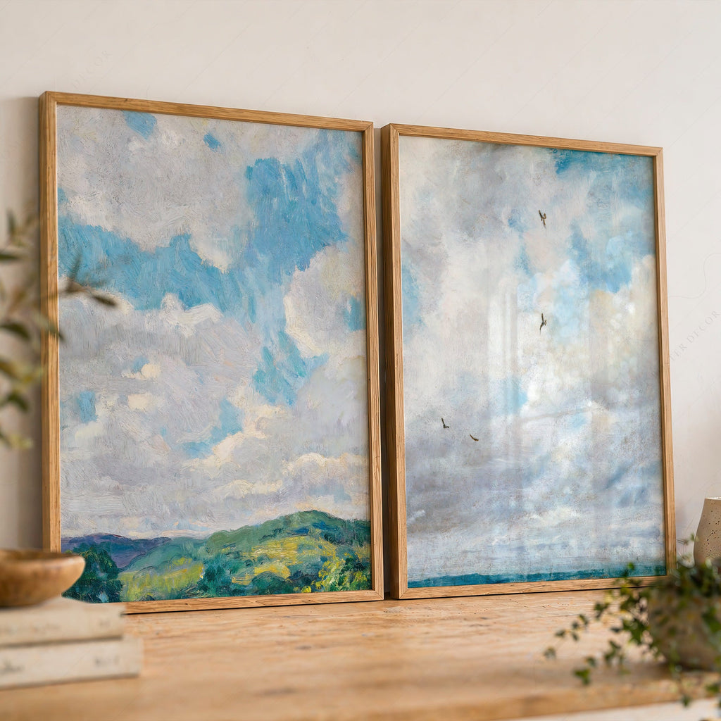 Cloud Study Art Print Set of 2 – Muted Sky & Countryside Landscape Poster