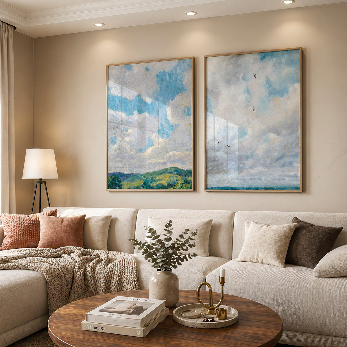 Cloud Study Art Print Set of 2 – Muted Sky & Countryside Landscape Poster