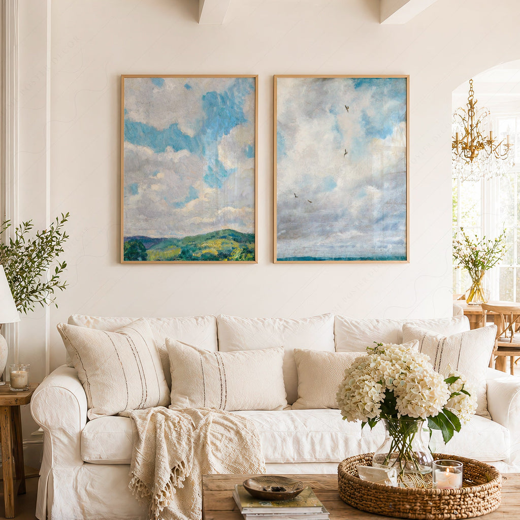 Cloud Study Art Print Set of 2 – Muted Sky & Countryside Landscape Poster