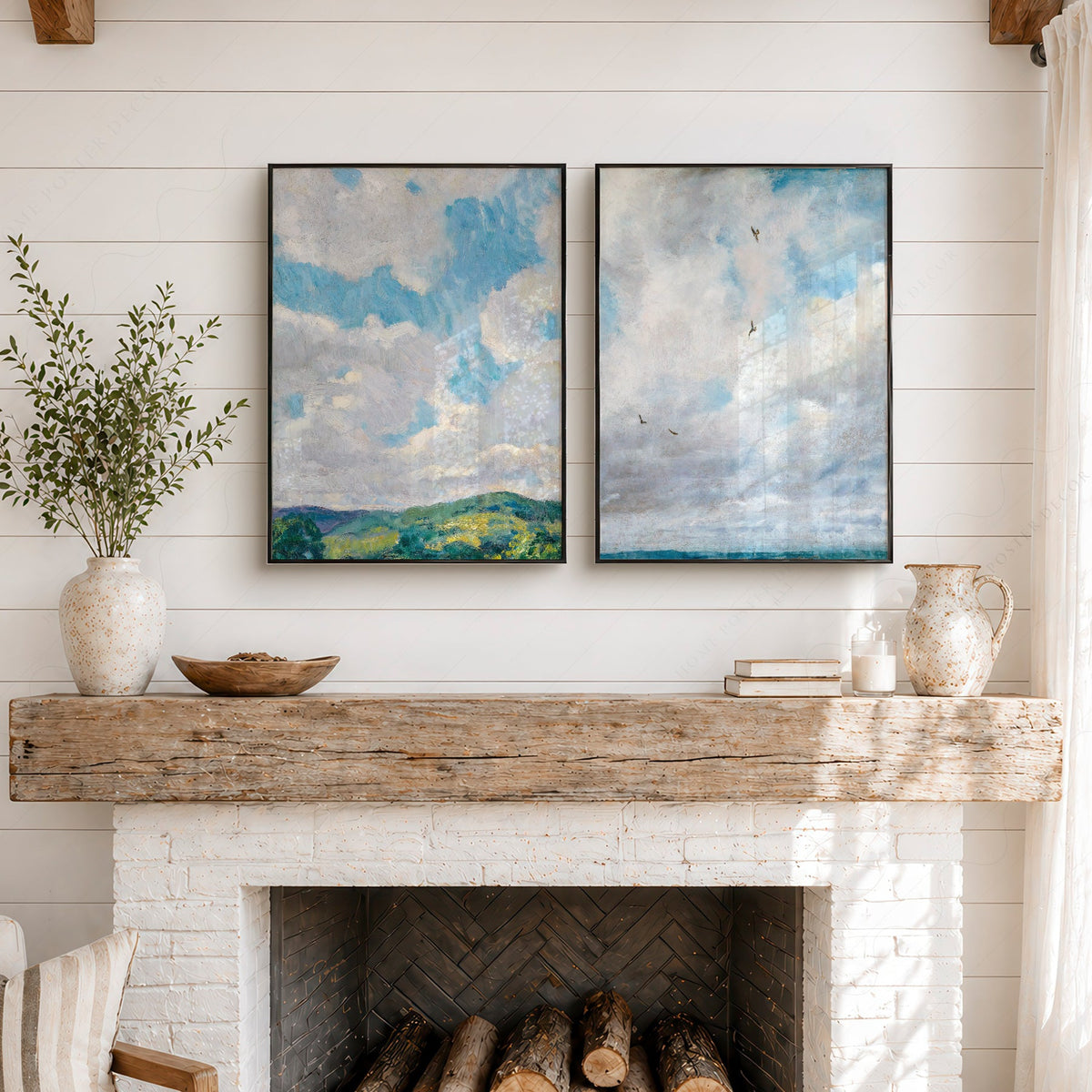 Cloud Study Art Print Set of 2 – Muted Sky & Countryside Landscape Poster