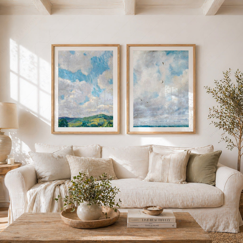 Cloud Study Art Print Set of 2 – Muted Sky & Countryside Landscape Poster
