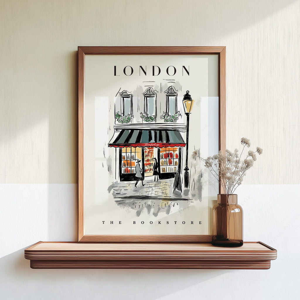 Illustration Librairie de Londres – Affiche murale charmante de librairie