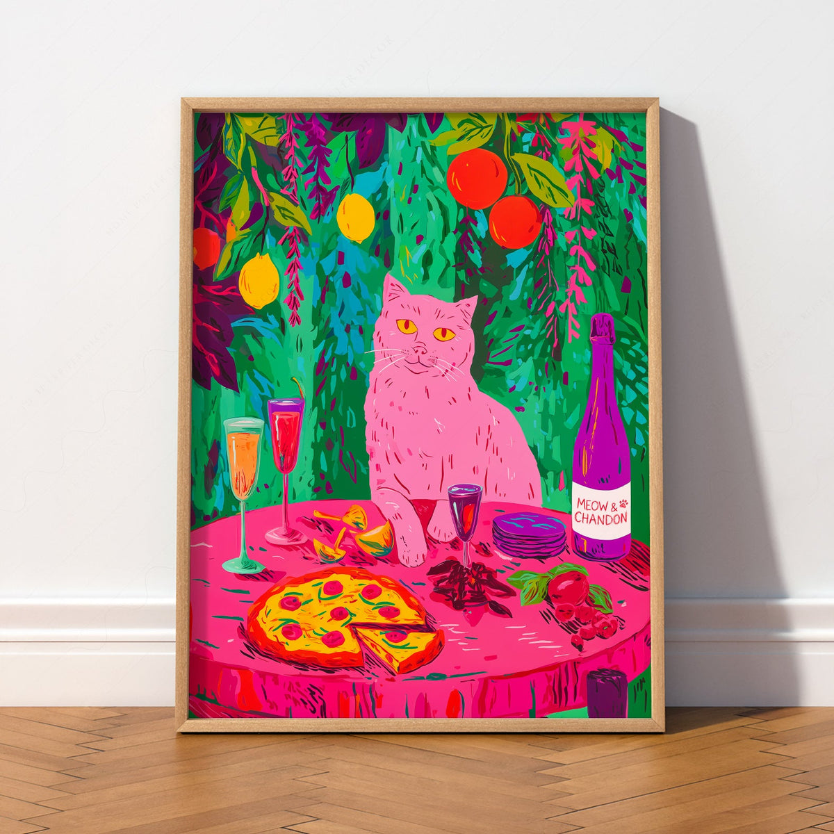 Meow Chandon Cat Print – Maximalist Kitchen Art Funny Cat Poster