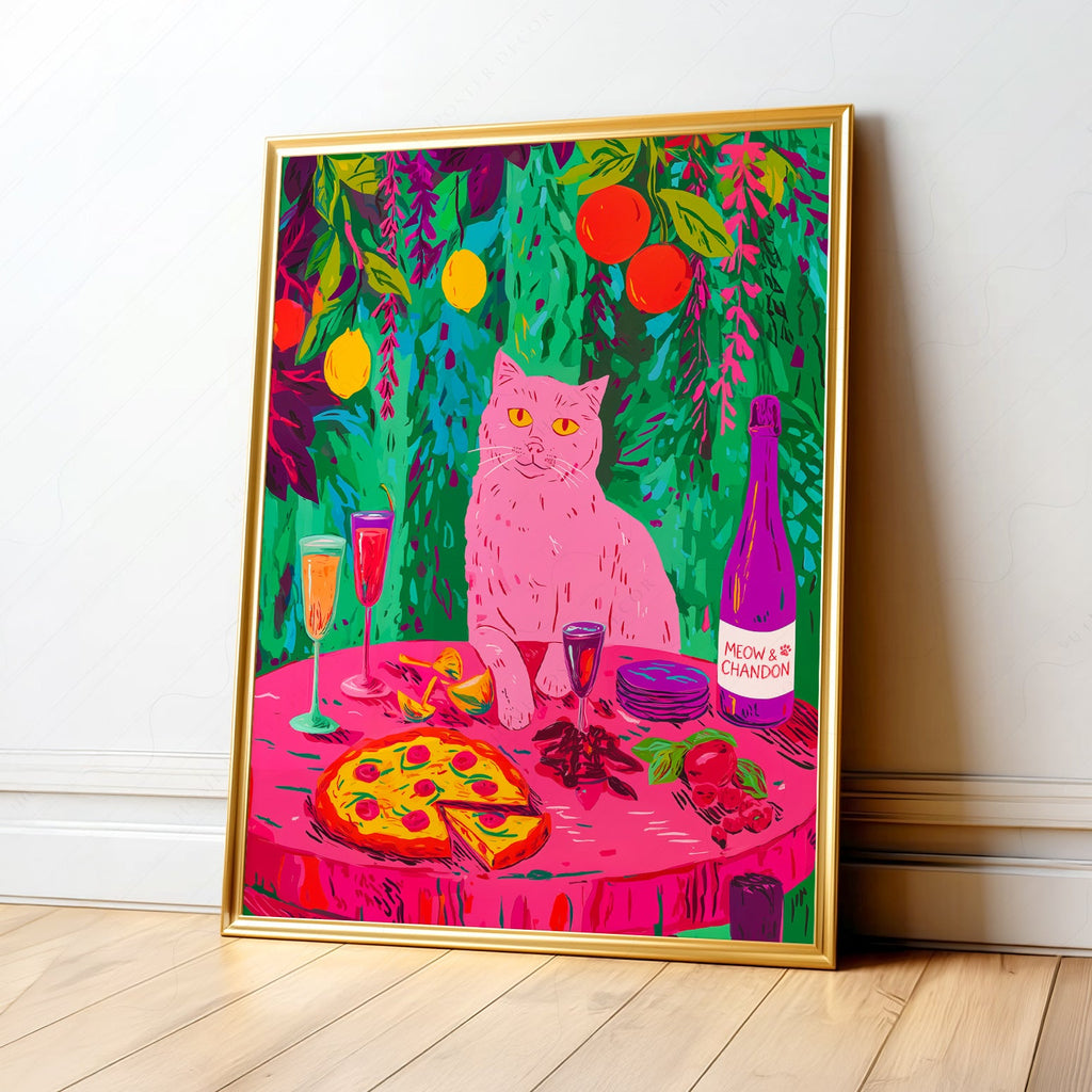 Meow Chandon Cat Print – Maximalist Kitchen Art Funny Cat Poster