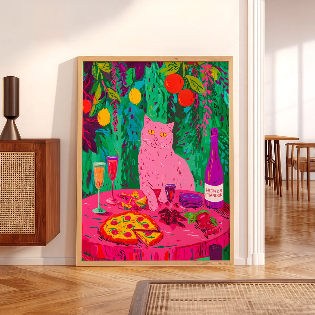 Meow Chandon Cat Print – Maximalist Kitchen Art Funny Cat Poster