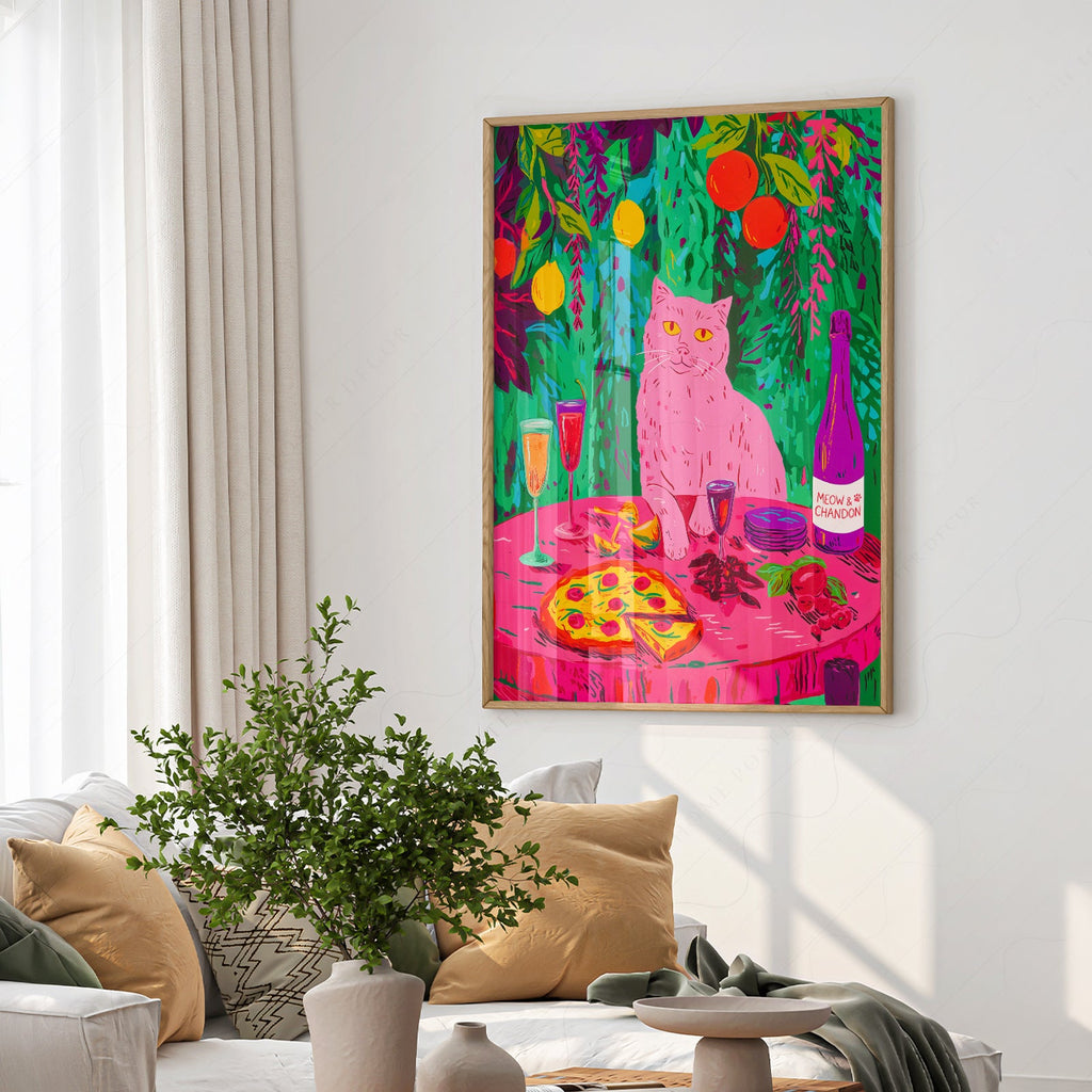 Meow Chandon Cat Print – Maximalist Kitchen Art Funny Cat Poster