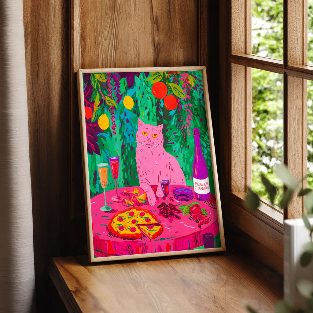 Meow Chandon Cat Print – Maximalist Kitchen Art Funny Cat Poster
