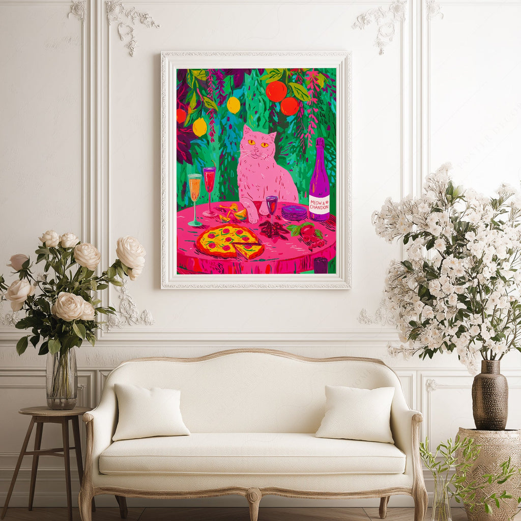 Meow Chandon Cat Print – Maximalist Kitchen Art Funny Cat Poster