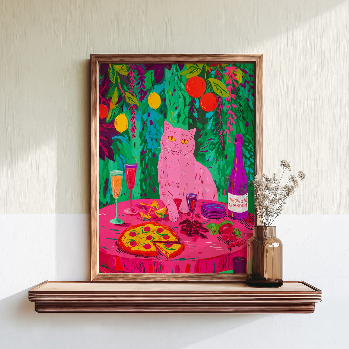 Meow Chandon Cat Print – Maximalist Kitchen Art Funny Cat Poster