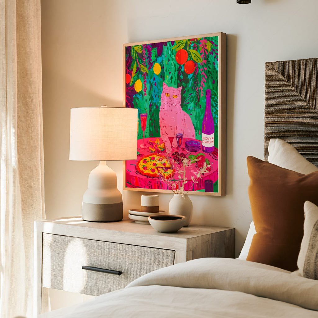 Meow Chandon Cat Print – Maximalist Kitchen Art Funny Cat Poster