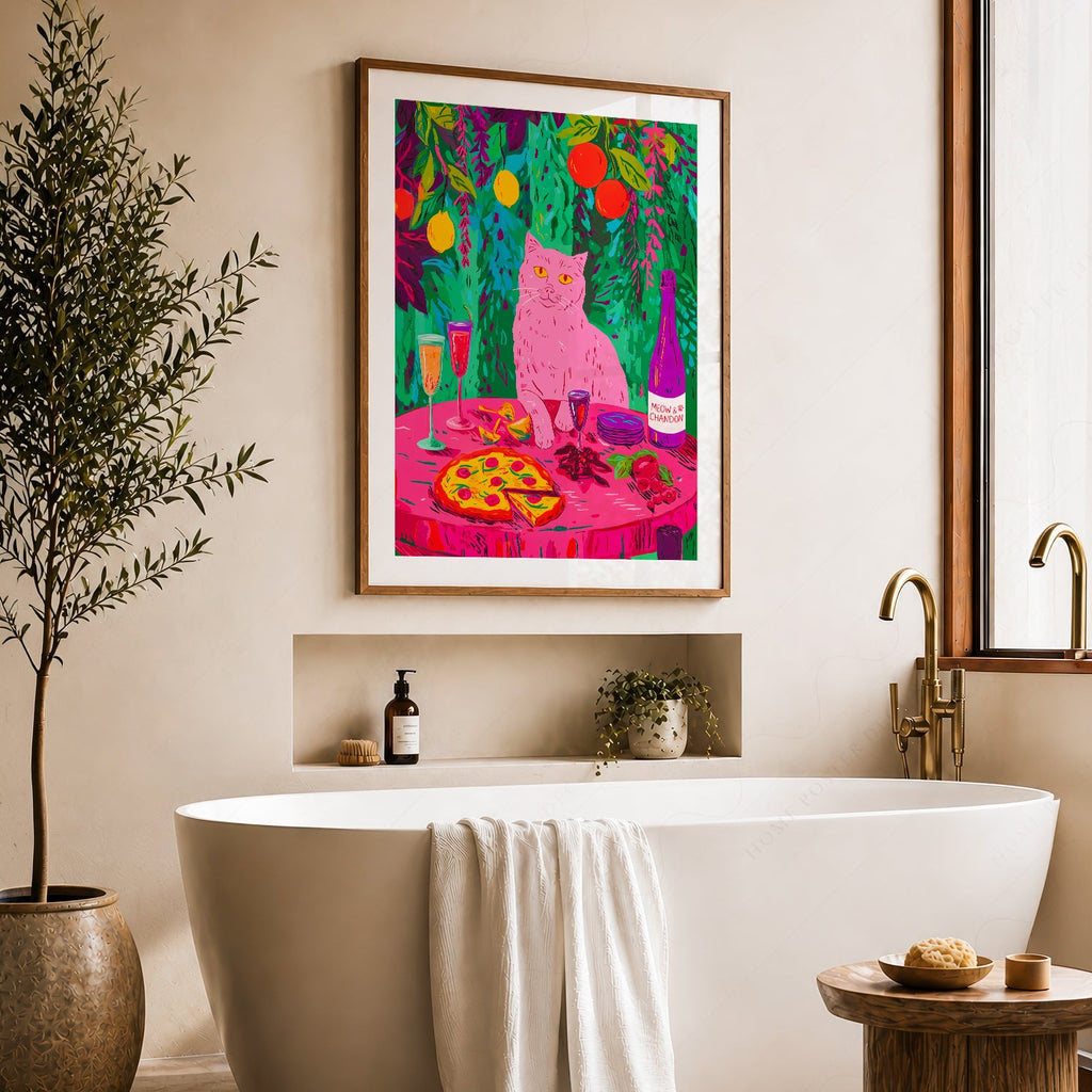 Meow Chandon Cat Print – Maximalist Kitchen Art Funny Cat Poster