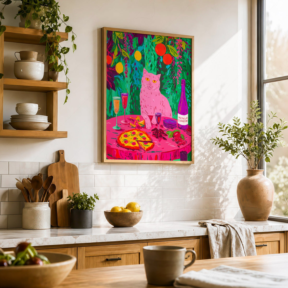 Meow Chandon Cat Print – Maximalist Kitchen Art Funny Cat Poster