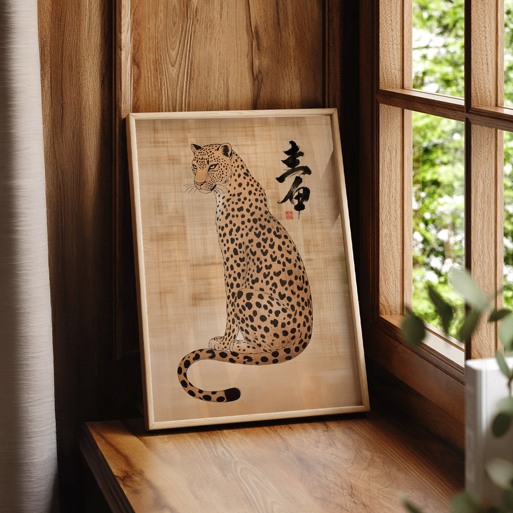 Japanese Leopard Sumi-e Art Print – Asian Ink Painting Zen Wall Decor