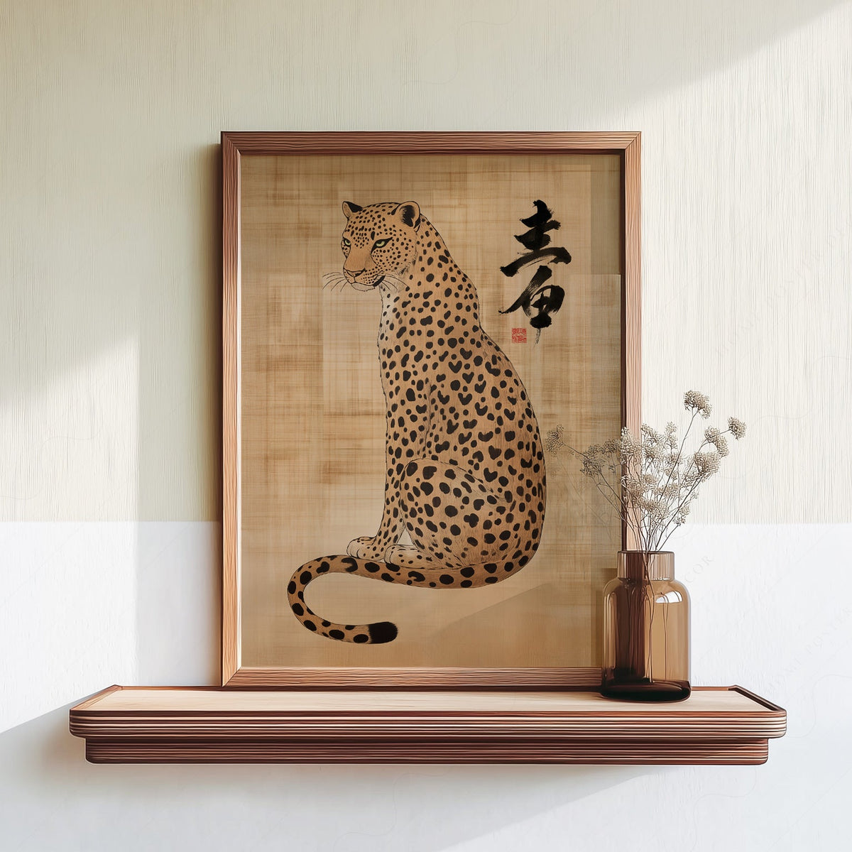 Japanese Leopard Sumi-e Art Print – Asian Ink Painting Zen Wall Decor