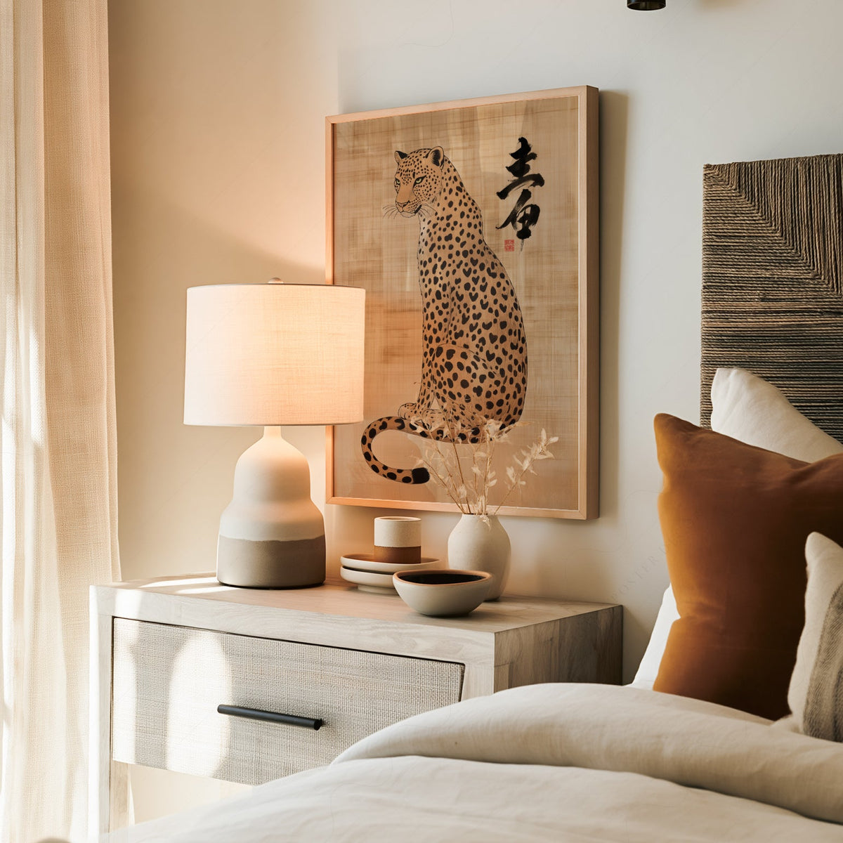 Japanese Leopard Sumi-e Art Print – Asian Ink Painting Zen Wall Decor