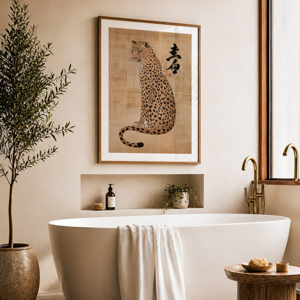 Japanese Leopard Sumi-e Art Print – Asian Ink Painting Zen Wall Decor