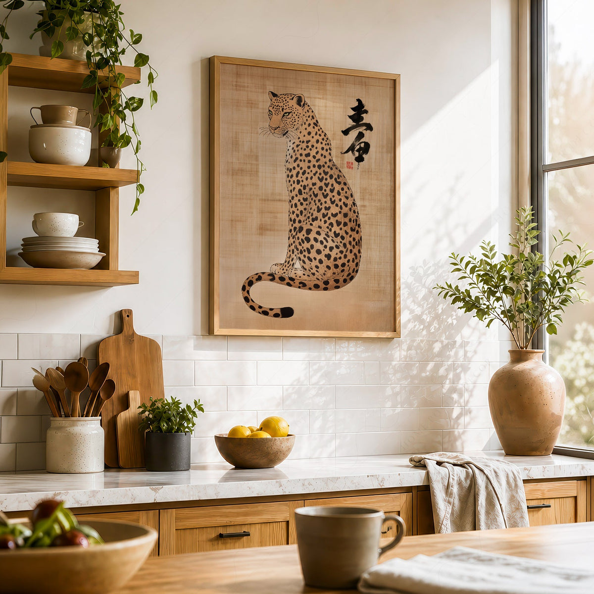 Japanese Leopard Sumi-e Art Print – Asian Ink Painting Zen Wall Decor