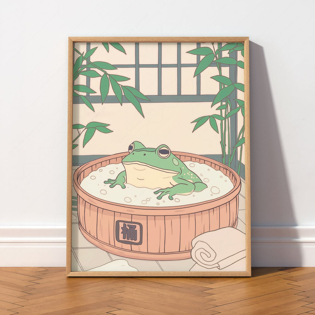 Japanese Frog in Wooden Tub Art Print – Zen Bathroom Wall Decor