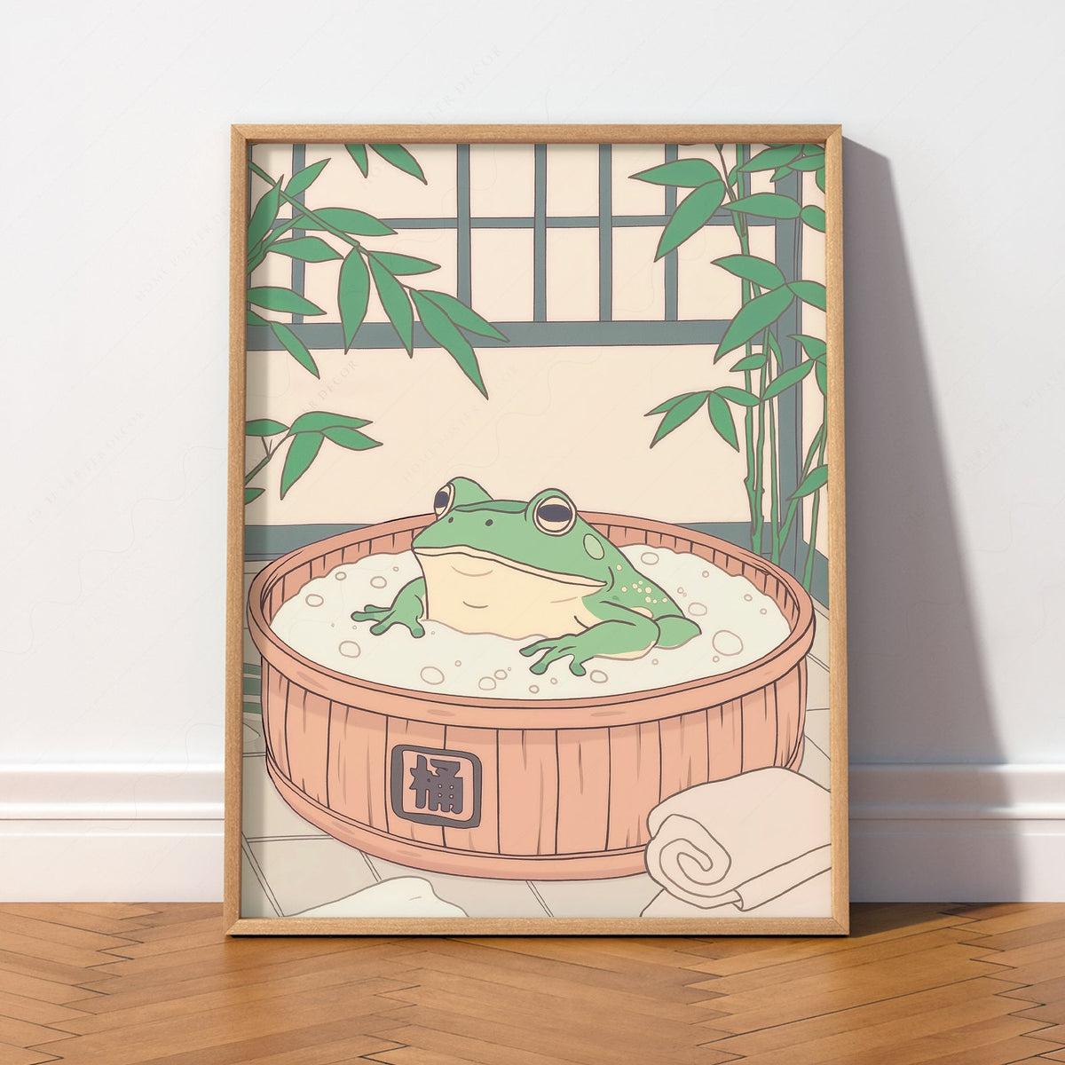Japanese Frog in Wooden Tub Art Print – Zen Bathroom Wall Decor