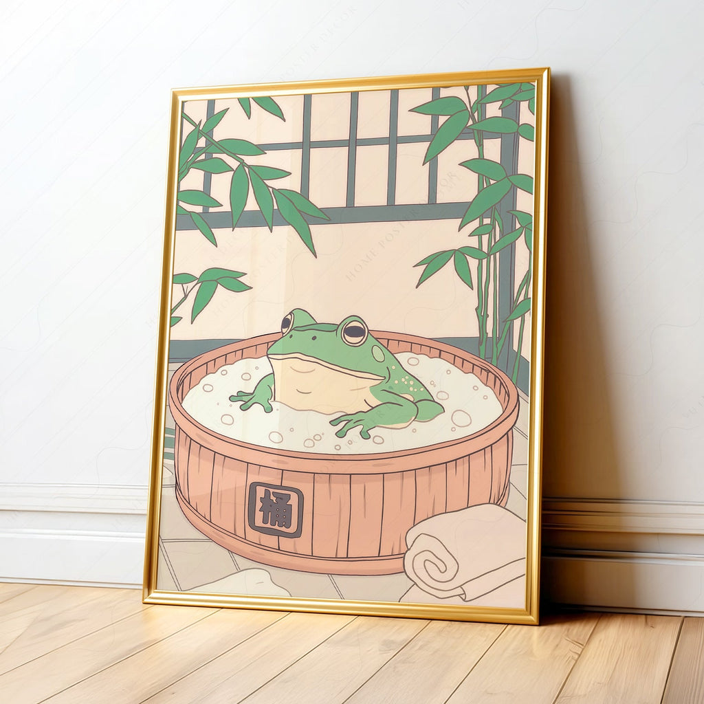 Japanese Frog in Wooden Tub Art Print – Zen Bathroom Wall Decor