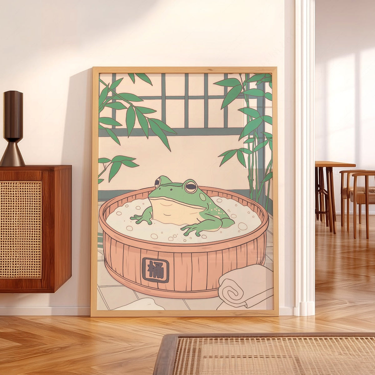 Japanese Frog in Wooden Tub Art Print – Zen Bathroom Wall Decor