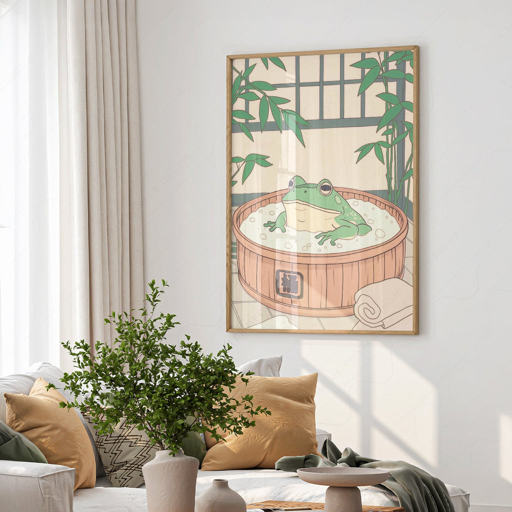 Japanese Frog in Wooden Tub Art Print – Zen Bathroom Wall Decor
