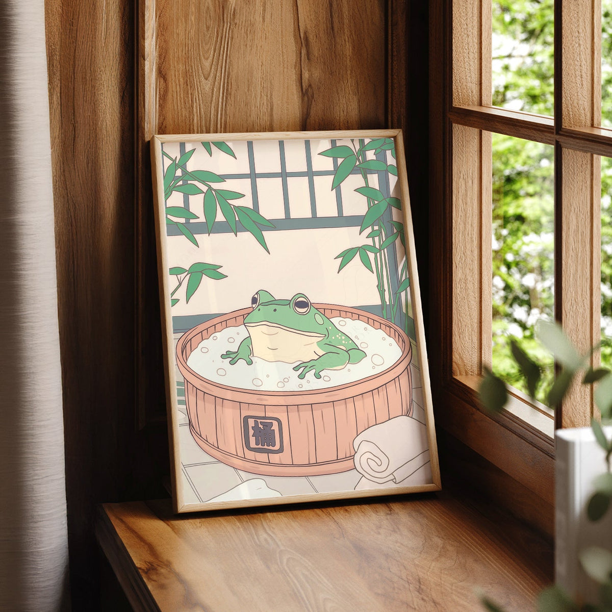 Japanese Frog in Wooden Tub Art Print – Zen Bathroom Wall Decor
