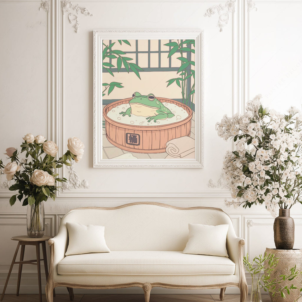 Japanese Frog in Wooden Tub Art Print – Zen Bathroom Wall Decor