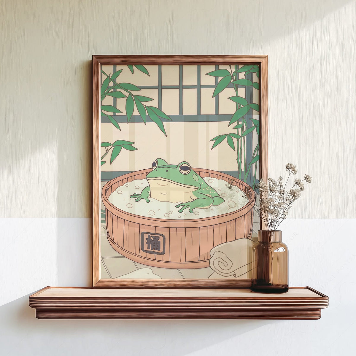 Japanese Frog in Wooden Tub Art Print – Zen Bathroom Wall Decor