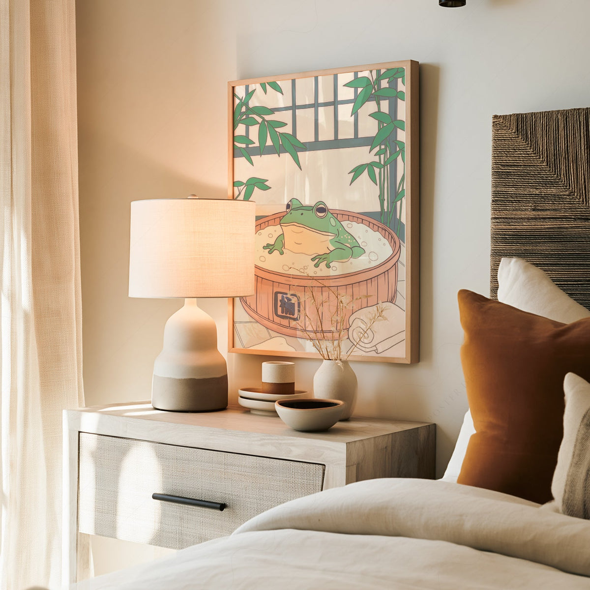 Japanese Frog in Wooden Tub Art Print – Zen Bathroom Wall Decor