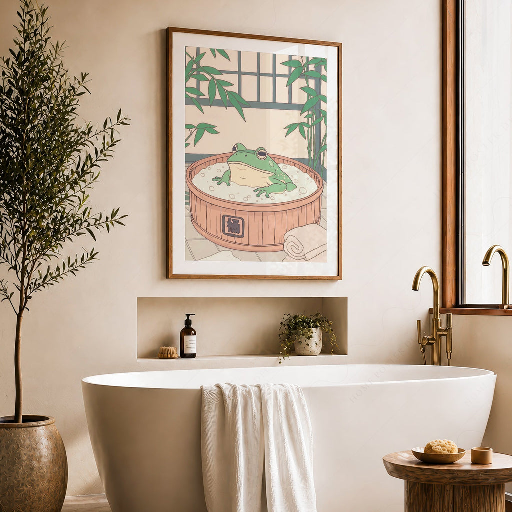 Japanese Frog in Wooden Tub Art Print – Zen Bathroom Wall Decor