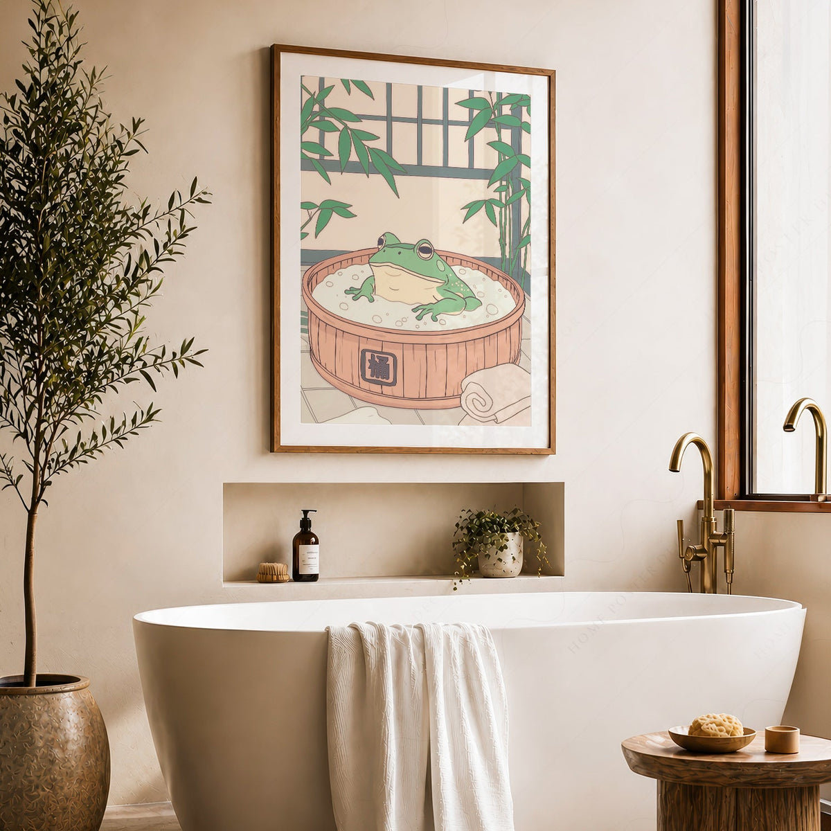 Japanese Frog in Wooden Tub Art Print – Zen Bathroom Wall Decor