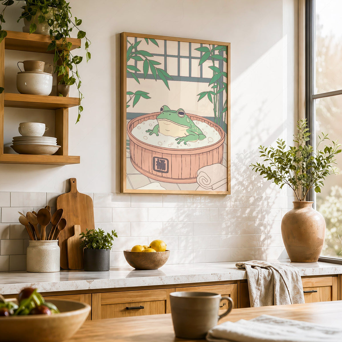 Japanese Frog in Wooden Tub Art Print – Zen Bathroom Wall Decor