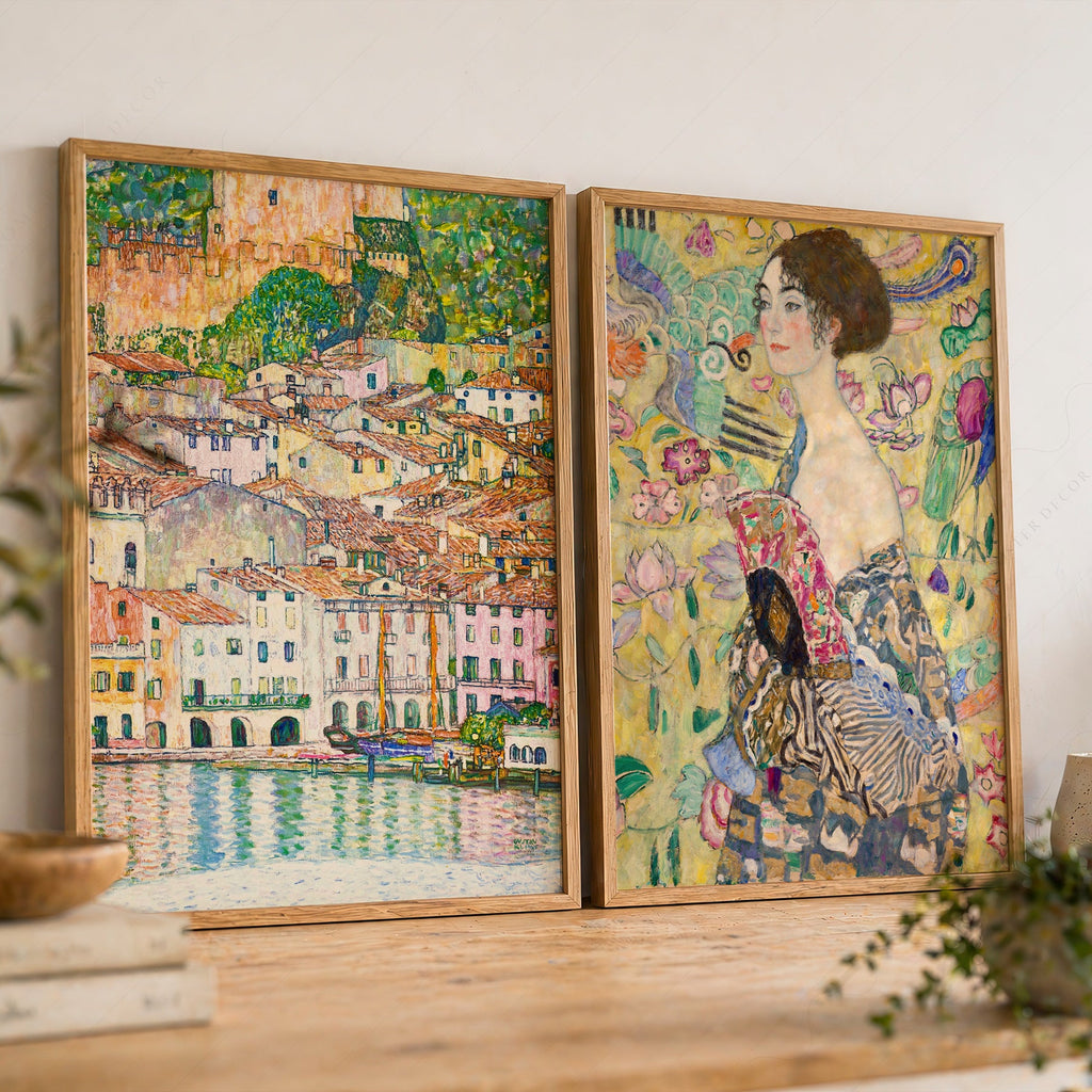 Gustav Klimt Set of 2 Art Prints – Lady with Fan & Malcesine Lake Garda