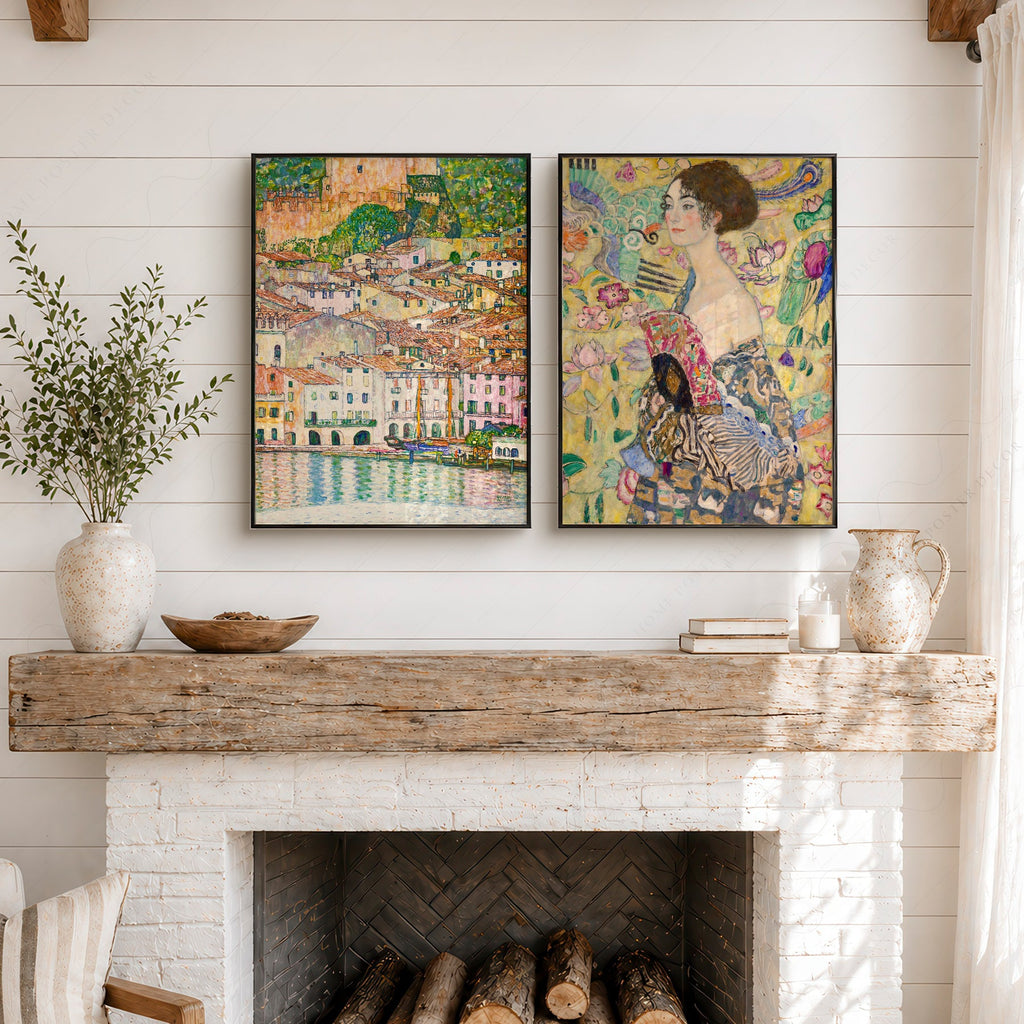Gustav Klimt Set of 2 Art Prints – Lady with Fan & Malcesine Lake Garda